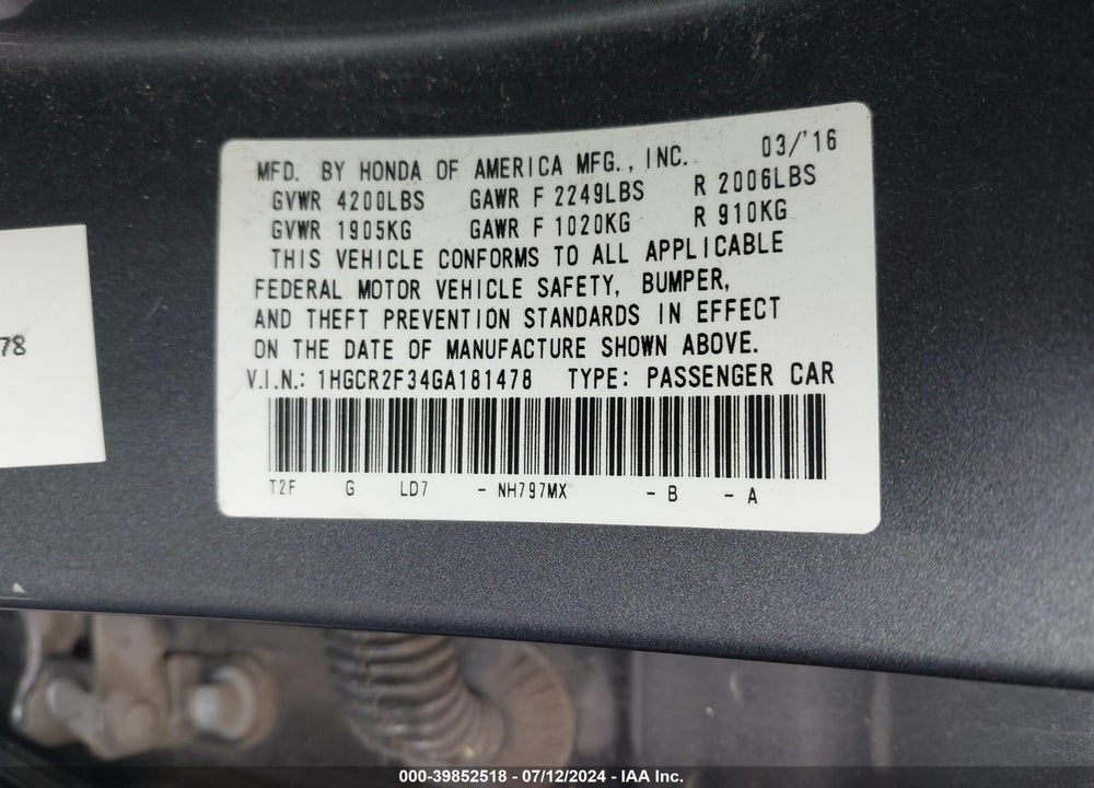 2016 HONDA ACCORD LX VIN: 1HGCR2F34GA181478