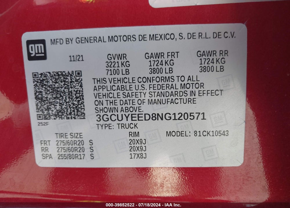 2022 CHEVROLET SILVERADO 1500 LTD 4WD SHORT BED RST VIN: 3GCUYEED8NG120571