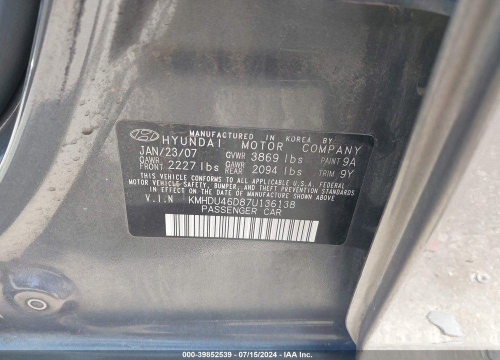 2007 HYUNDAI ELANTRA GLS/LIMITED/SE VIN: KMHDU46D87U136138