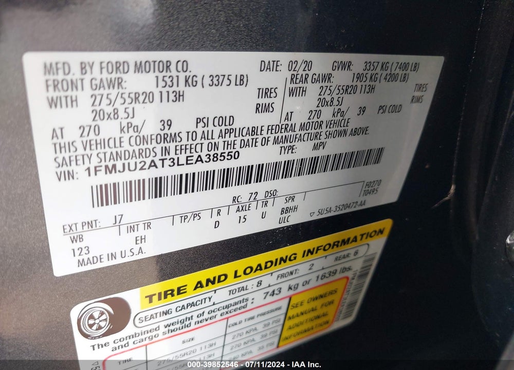 2020 FORD EXPEDITION LIMITED VIN: 1FMJU2AT3LEA38550