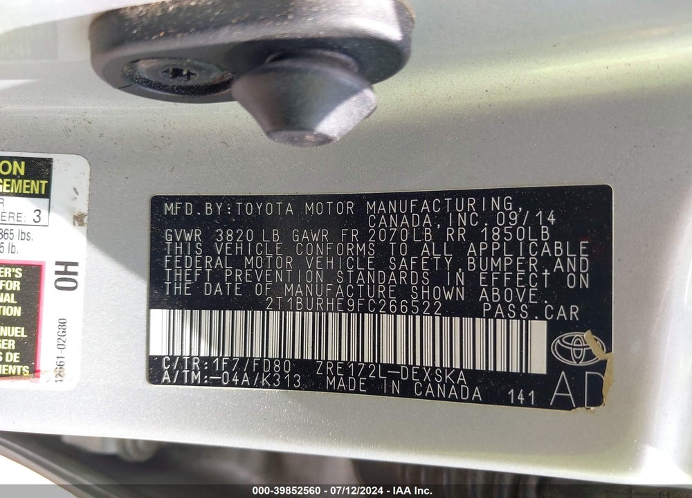 2015 TOYOTA COROLLA S PLUS VIN: 2T1BURHE9FC266522