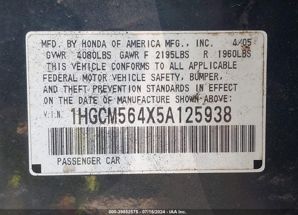 2005 HONDA ACCORD VIN: 1HGCM564X5A125938