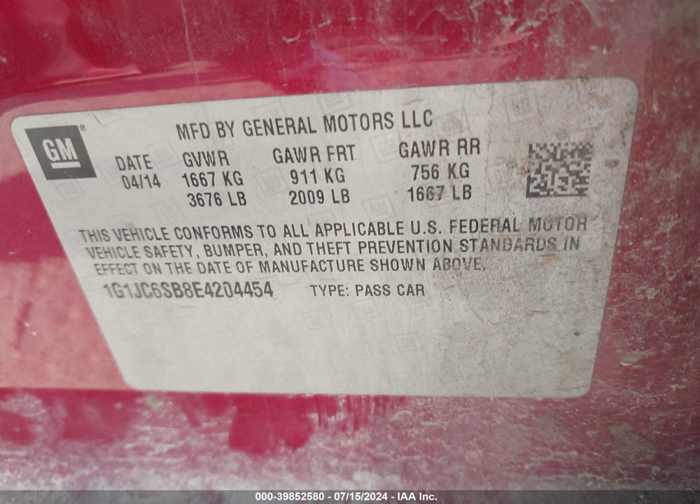 2014 CHEVROLET SONIC LT AUTO VIN: 1G1JC6SB8E4204454