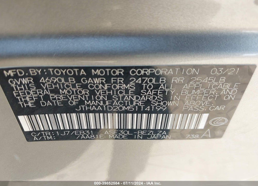 2021 LEXUS IS 300 VIN: JTHAA1D20M5114199