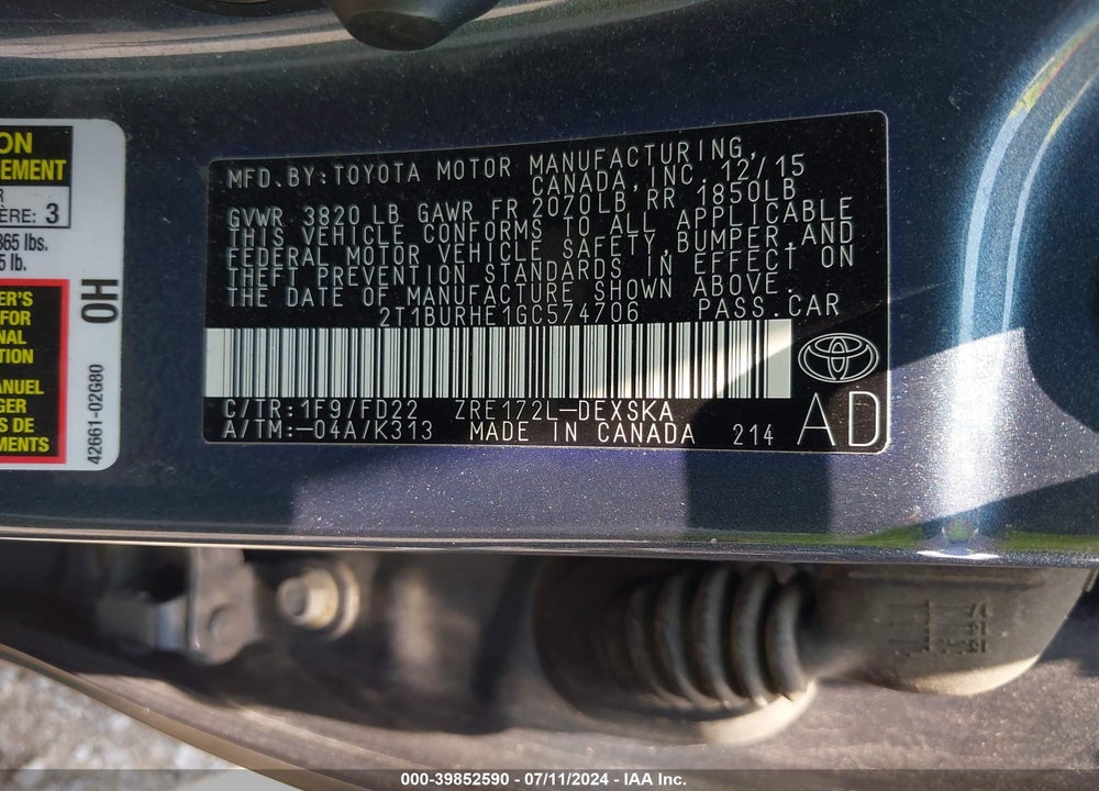 2016 TOYOTA COROLLA S PLUS VIN: 2T1BURHE1GC574706