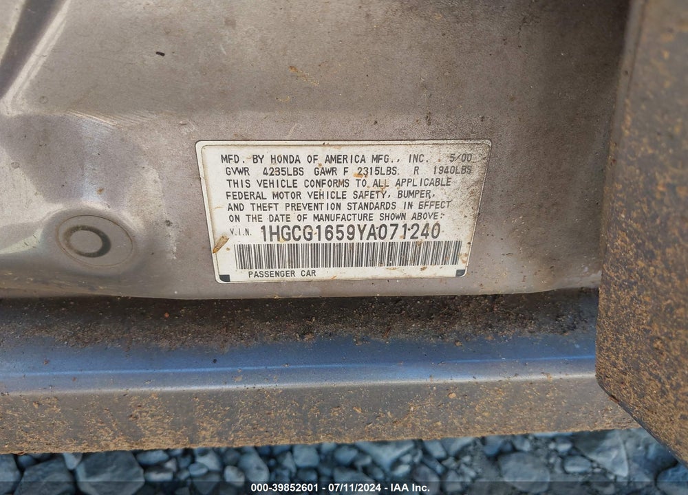 2000 HONDA ACCORD 3.0 EX VIN: 1HGCG1659YA071240