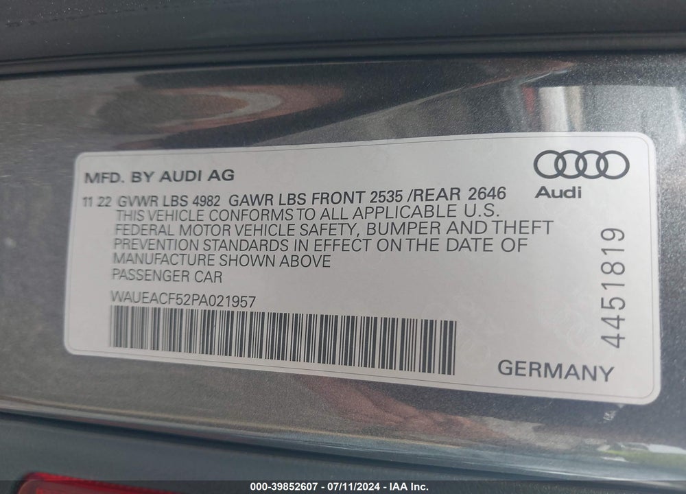 2023 AUDI A5 SPORTBACK PRESTIGE 45 TFSI S LINE QUATTRO S TRONIC VIN: WAUEACF52PA021957