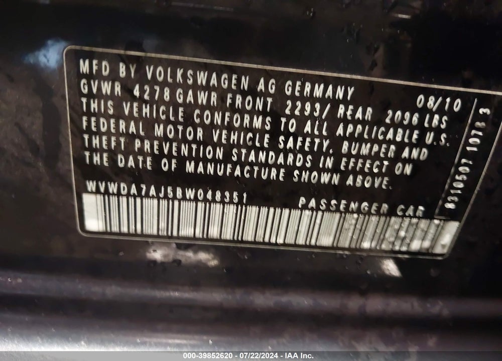 2011 VOLKSWAGEN GOLF 2.5L 4-DOOR VIN: WVWDA7AJ5BW048351