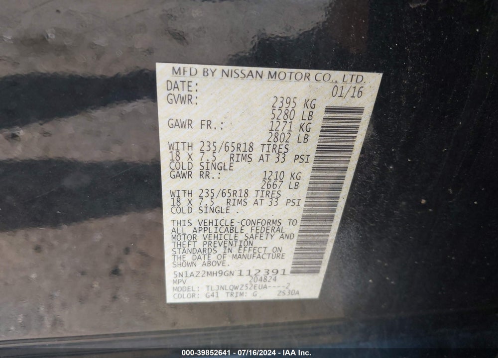 2016 NISSAN MURANO PLATINUM/S/SL/SV VIN: 5N1AZ2MH9GN112391