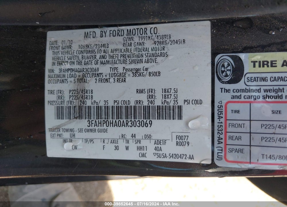 2010 FORD FUSION SE VIN: 3FAHP0HA0AR303069