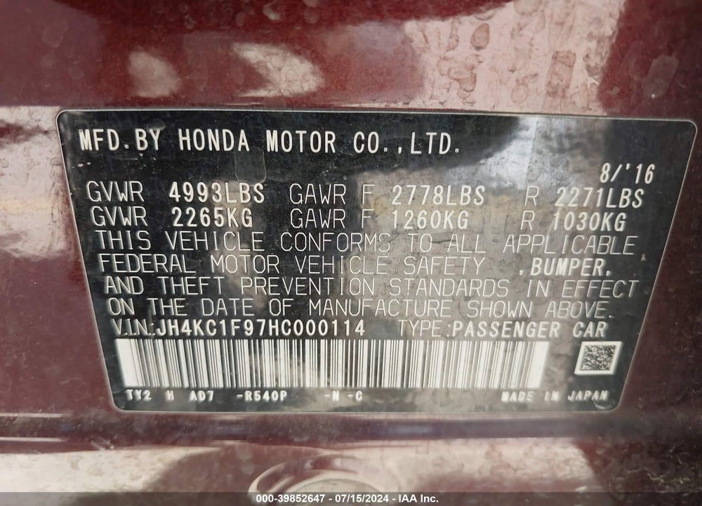 2017 ACURA RLX VIN: JH4KC1F97HC000114