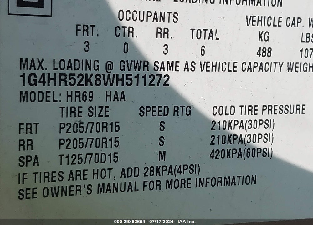 1998 BUICK LESABRE LIMITED CMI VIN: 1G4HR52K8WH511272