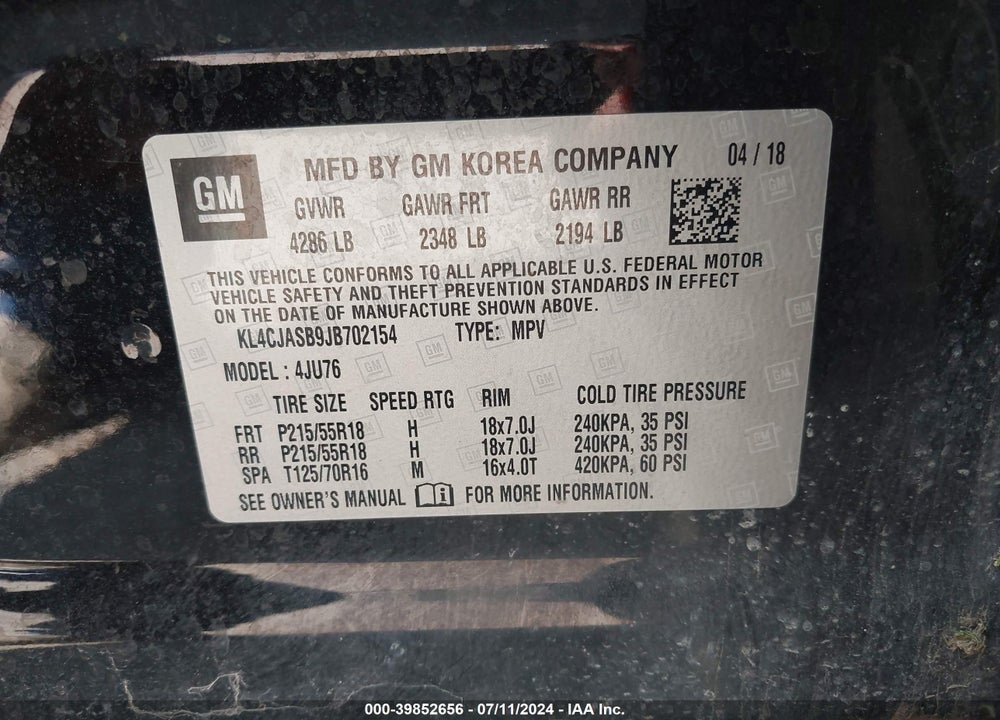 2018 BUICK ENCORE PREFERRED VIN: KL4CJASB9JB702154