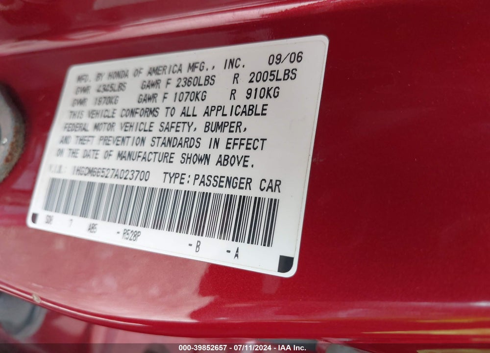 2007 HONDA ACCORD 3.0 EX VIN: 1HGCM66527A023700