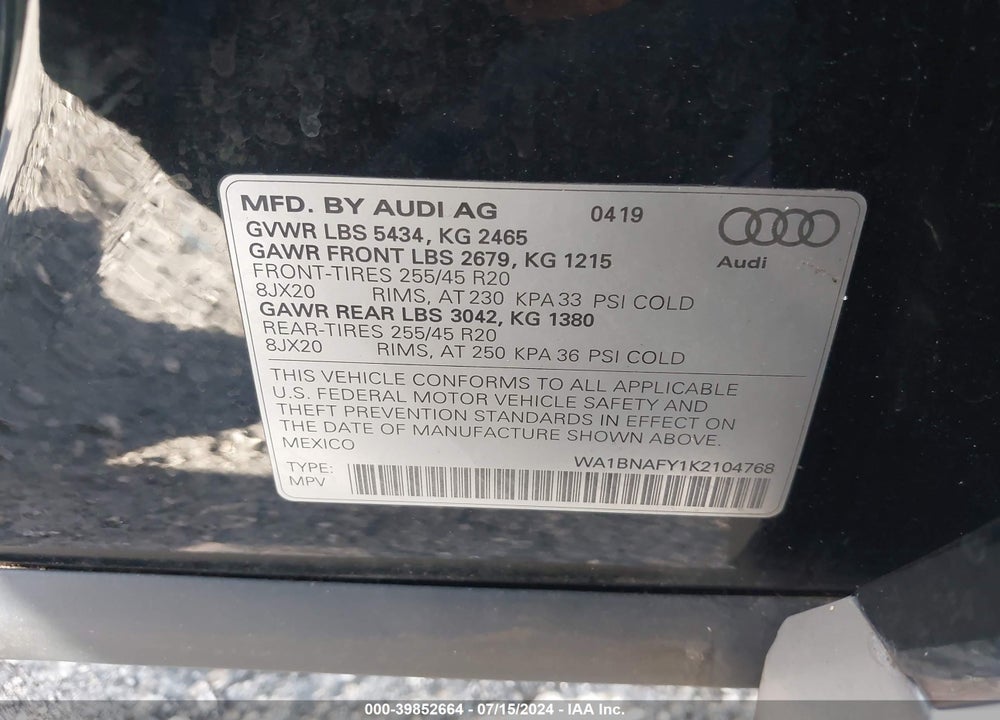 2019 AUDI Q5 45 PREMIUM VIN: WA1BNAFY1K2104768