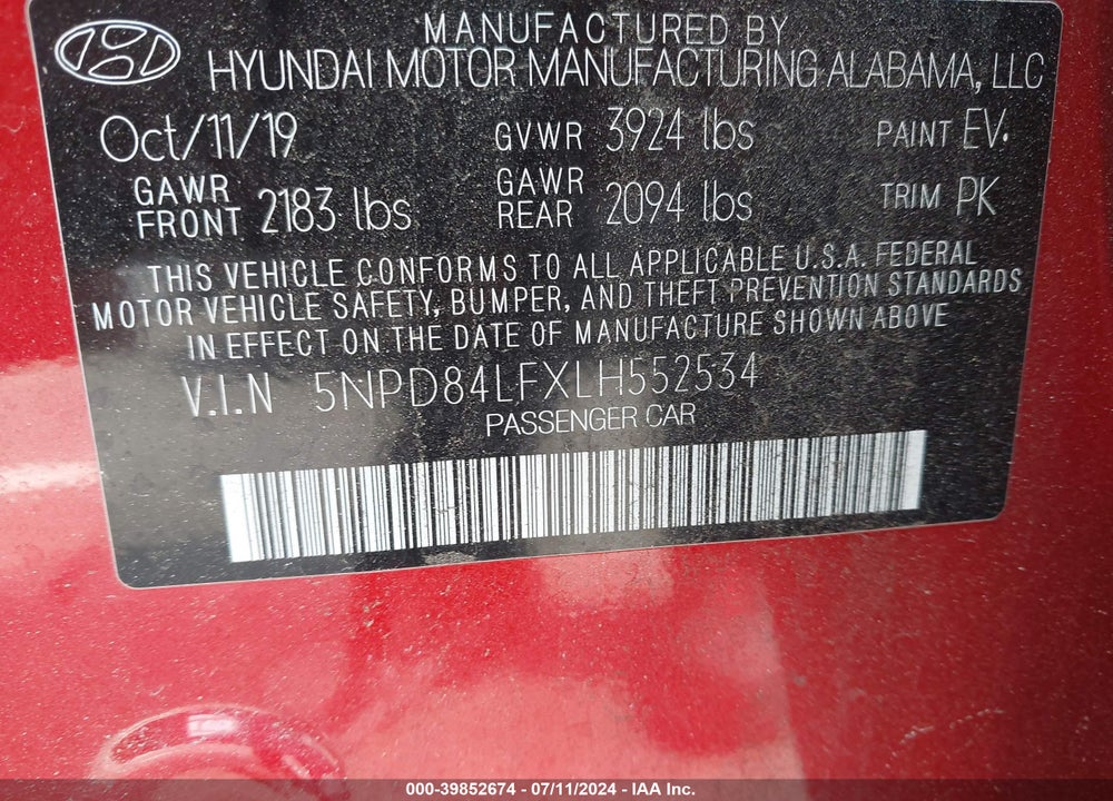 2020 HYUNDAI ELANTRA SEL VIN: 5NPD84LFXLH552534