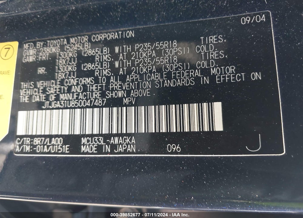 2005 LEXUS RX 330 VIN: JTJGA31U850047487