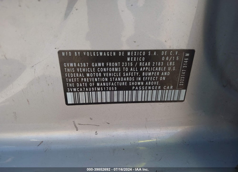 2015 VOLKSWAGEN GOLF SPORTWAGEN TDI S 4-DOOR VIN: 3VWCA7AU9FM517059