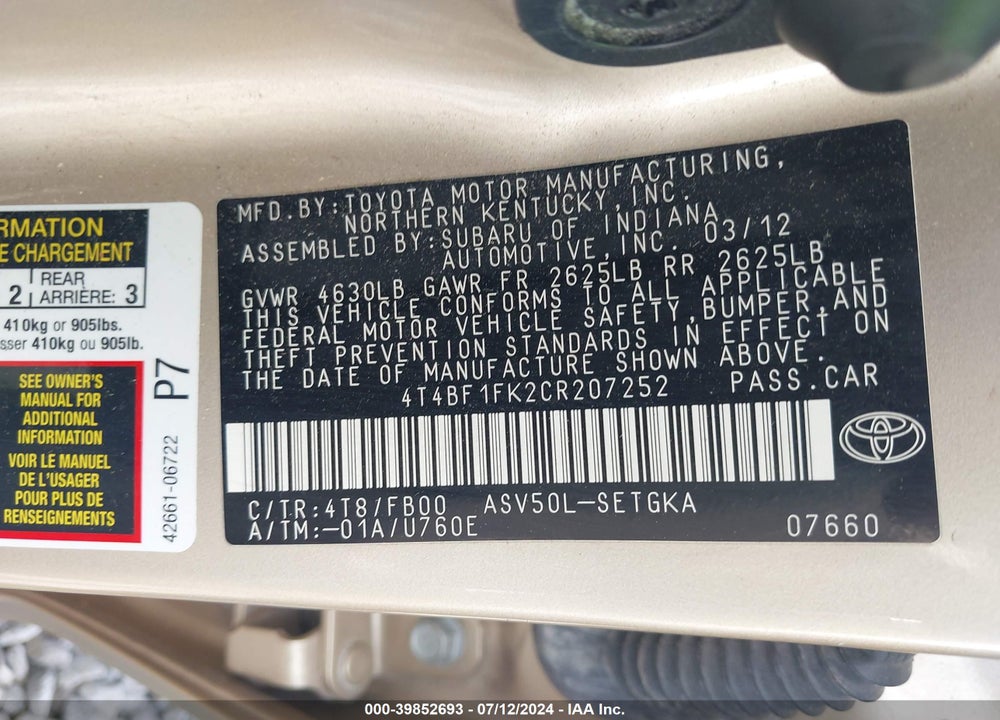 2012 TOYOTA CAMRY XLE VIN: 4T4BF1FK2CR207252