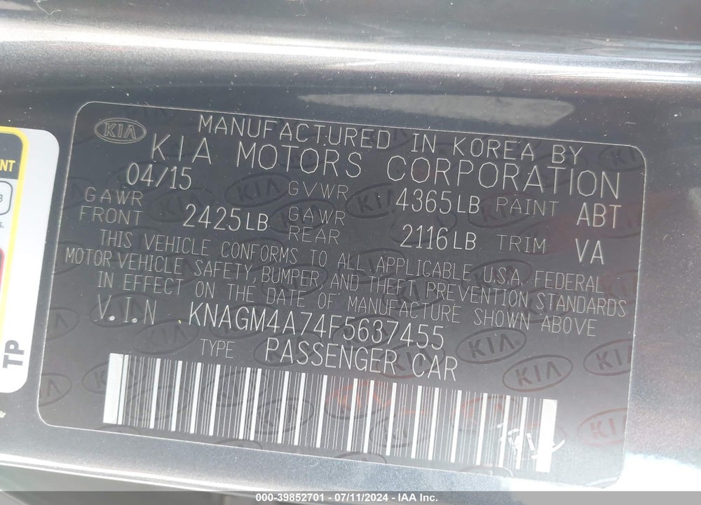 2015 KIA OPTIMA LX VIN: KNAGM4A74F5637455