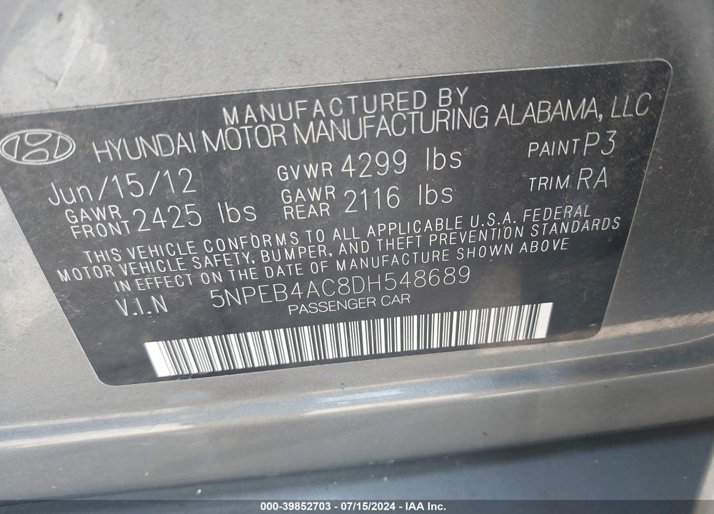 2013 HYUNDAI SONATA GLS VIN: 5NPEB4AC8DH548689