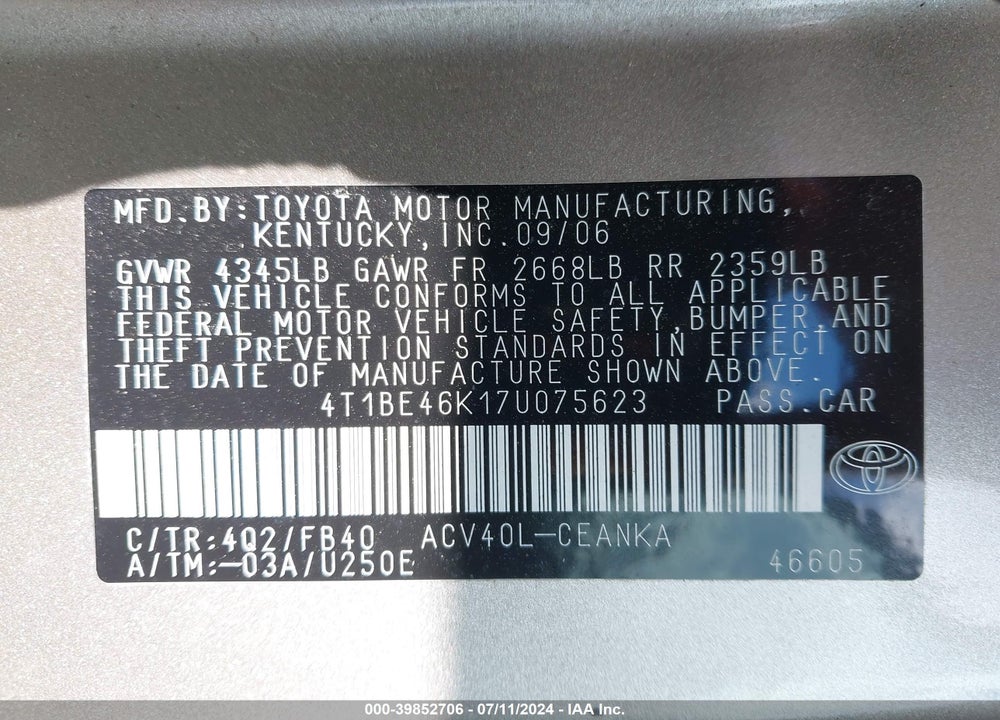 2007 TOYOTA CAMRY LE VIN: 4T1BE46K17U075623