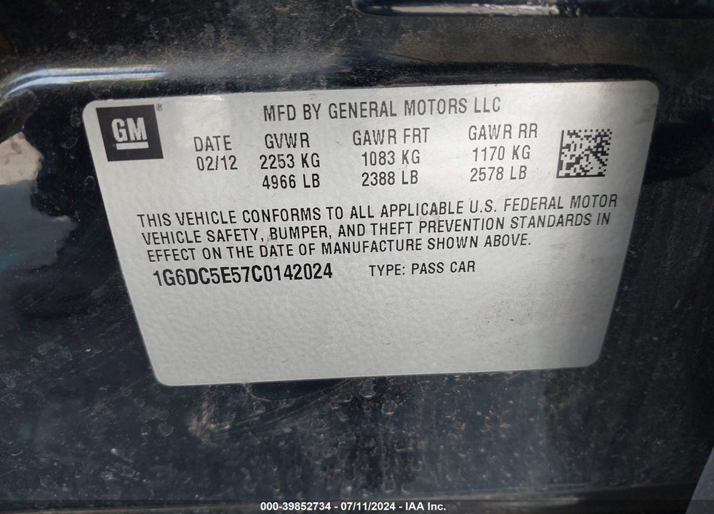 2012 CADILLAC CTS STANDARD VIN: 1G6DC5E57C0142024