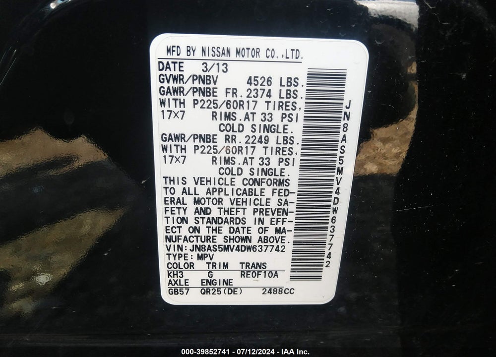 2013 NISSAN ROGUE SV VIN: JN8AS5MV4DW637742
