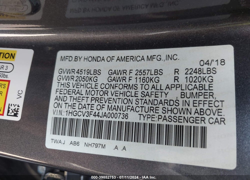 2018 HONDA ACCORD HYBRID EX VIN: 1HGCV3F44JA000736
