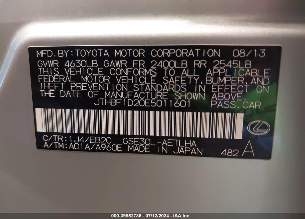 2014 LEXUS IS 250 VIN: JTHBF1D20E5011601