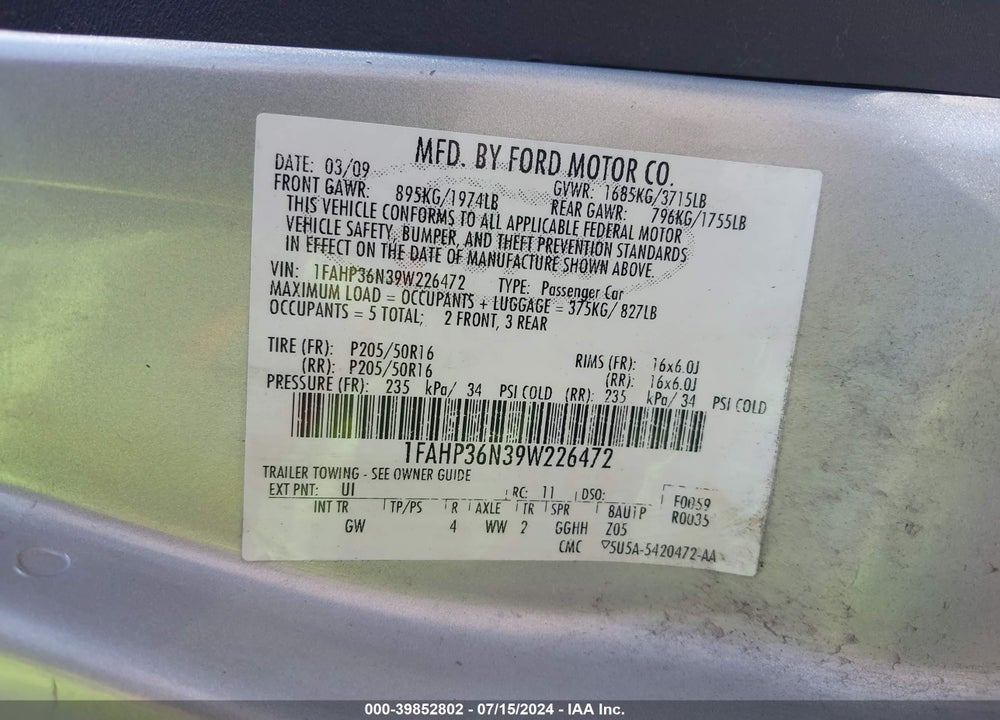 2009 FORD FOCUS SES VIN: 1FAHP36N39W226472