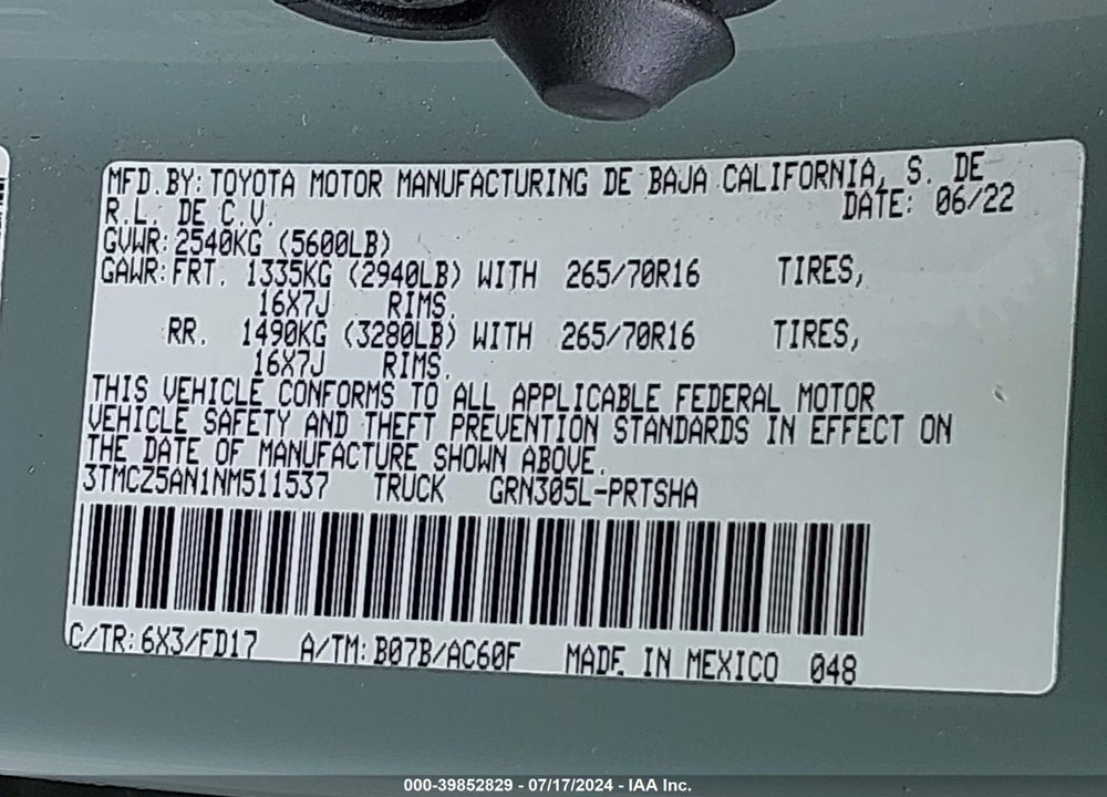 2022 TOYOTA TACOMA TRD OFF ROAD VIN: 3TMCZ5AN1NM511537