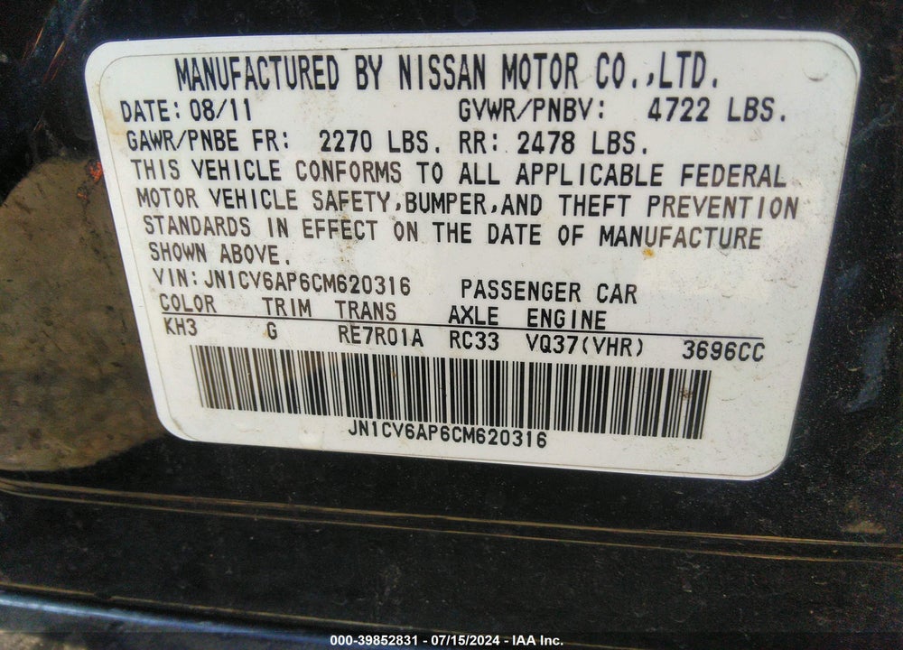 2012 INFINITI G37 JOURNEY VIN: JN1CV6AP6CM620316