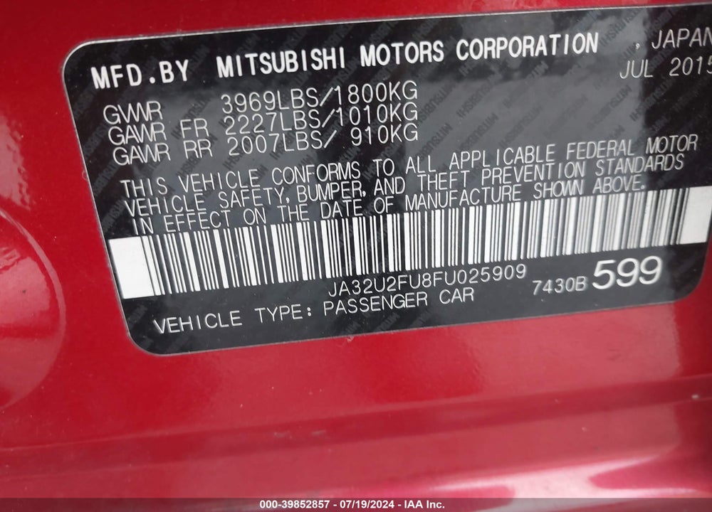2015 MITSUBISHI LANCER ES VIN: JA32U2FU8FU025909