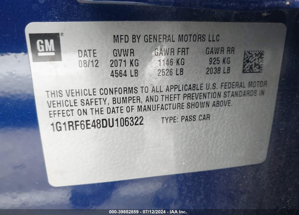 2013 CHEVROLET VOLT VIN: 1G1RF6E48DU106322