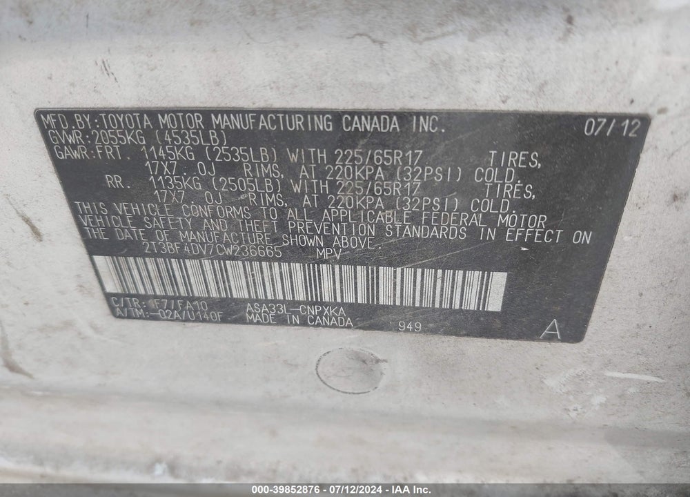 2012 TOYOTA RAV4 VIN: 2T3BF4DV7CW236665