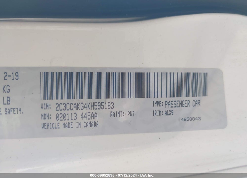 2019 CHRYSLER 300 LIMITED AWD VIN: 2C3CCAKG4KH595183