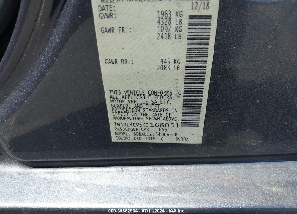 2019 NISSAN ALTIMA 2.5 SL VIN: 1N4BL4EV6KC168051