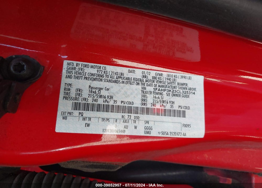 2012 FORD FOCUS SE VIN: 1FAHP3K23CL325314