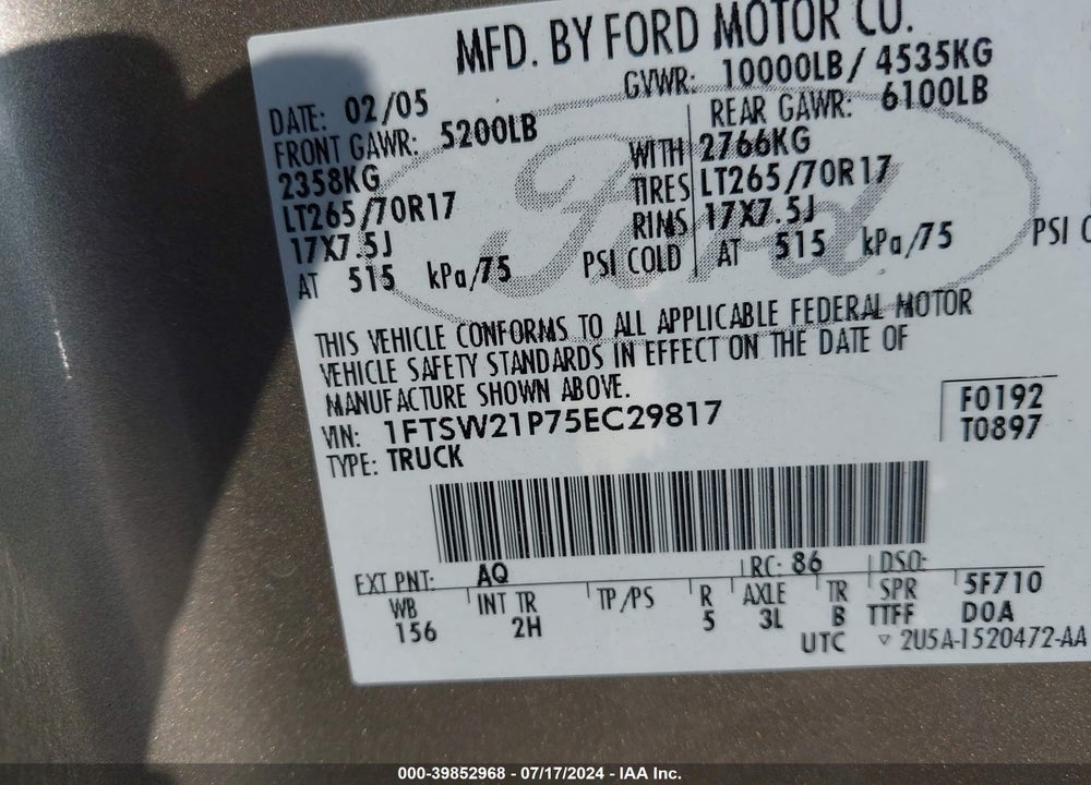 2005 FORD F-250 LARIAT/XL/XLT VIN: 1FTSW21P75EC29817