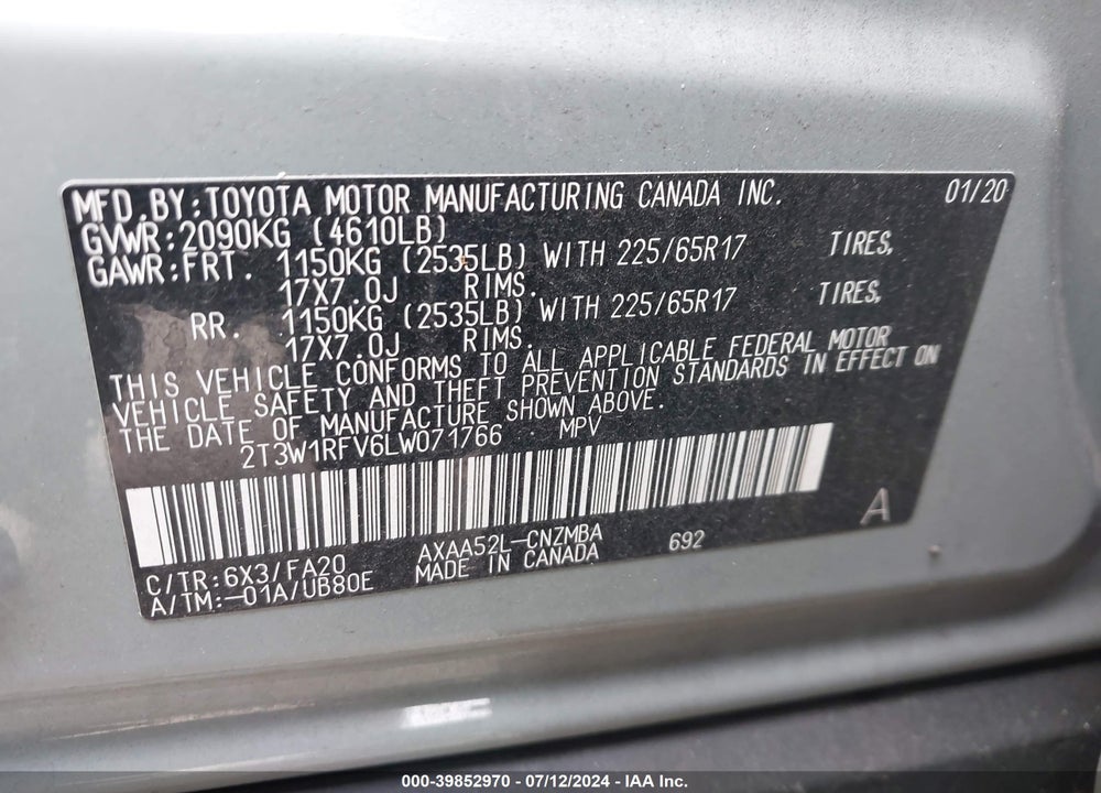 2020 TOYOTA RAV4 XLE VIN: 2T3W1RFV6LW071766