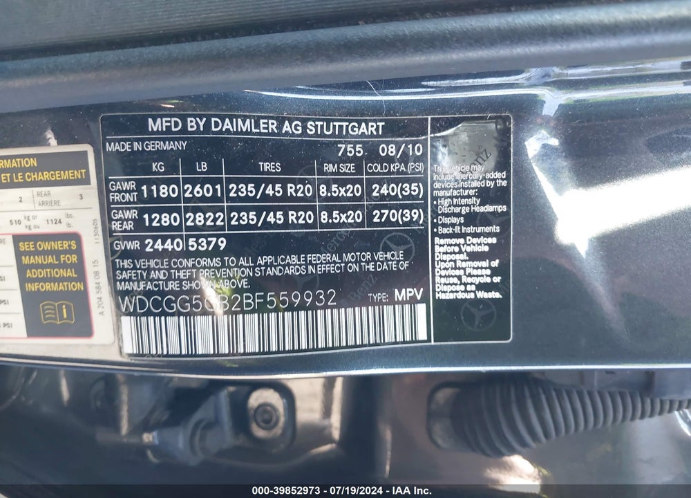 2011 MERCEDES-BENZ GLK 350 VIN: WDCGG5GB2BF559932