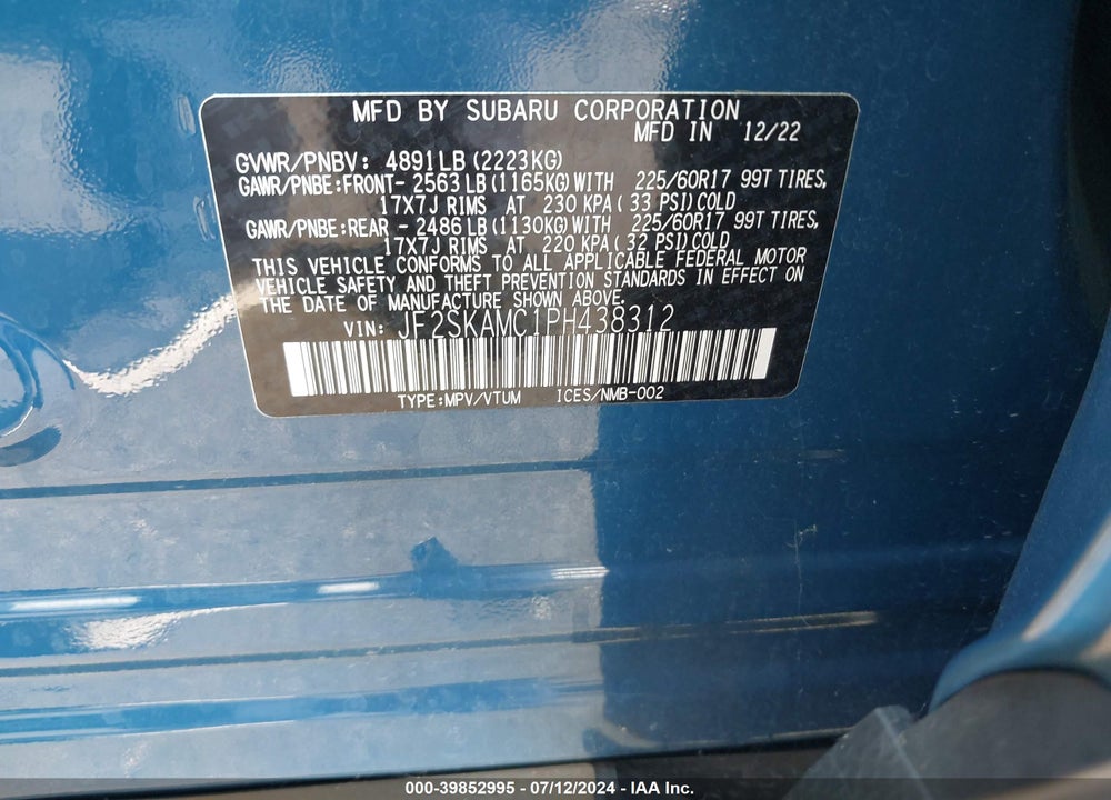 2023 SUBARU FORESTER WILDERNESS VIN: JF2SKAMC1PH438312