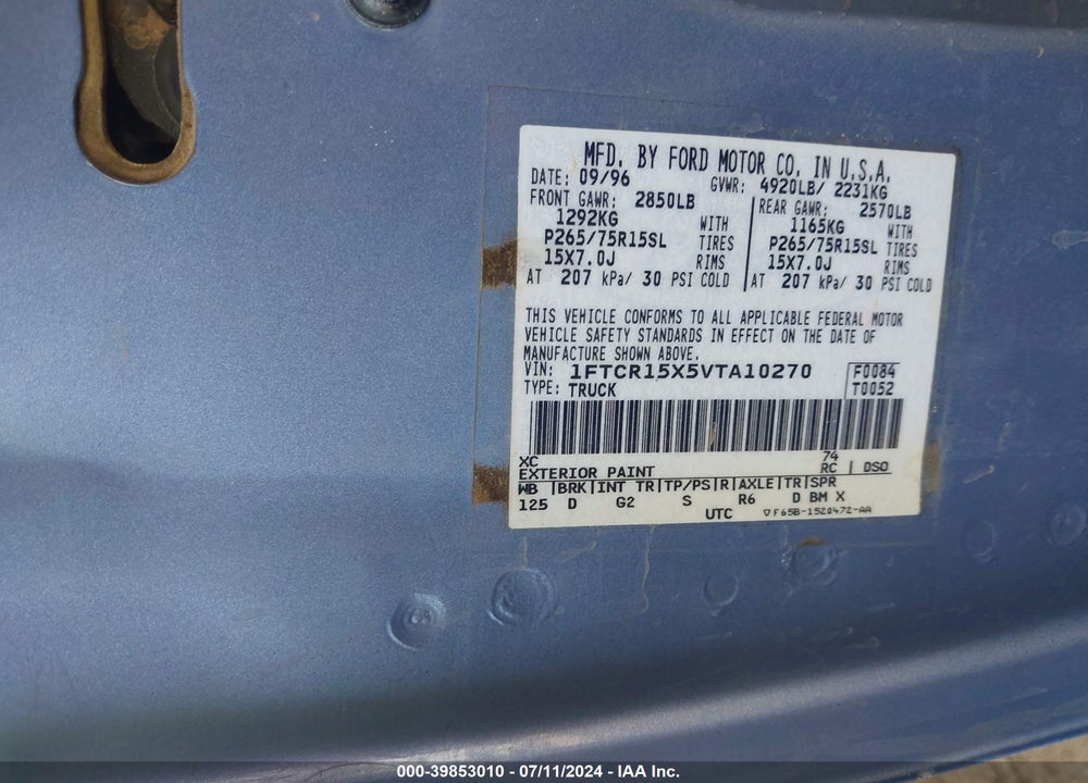 1997 RANGER FORD  SPLASH/STX/XLT VIN: 1FTCR15X5VTA10270