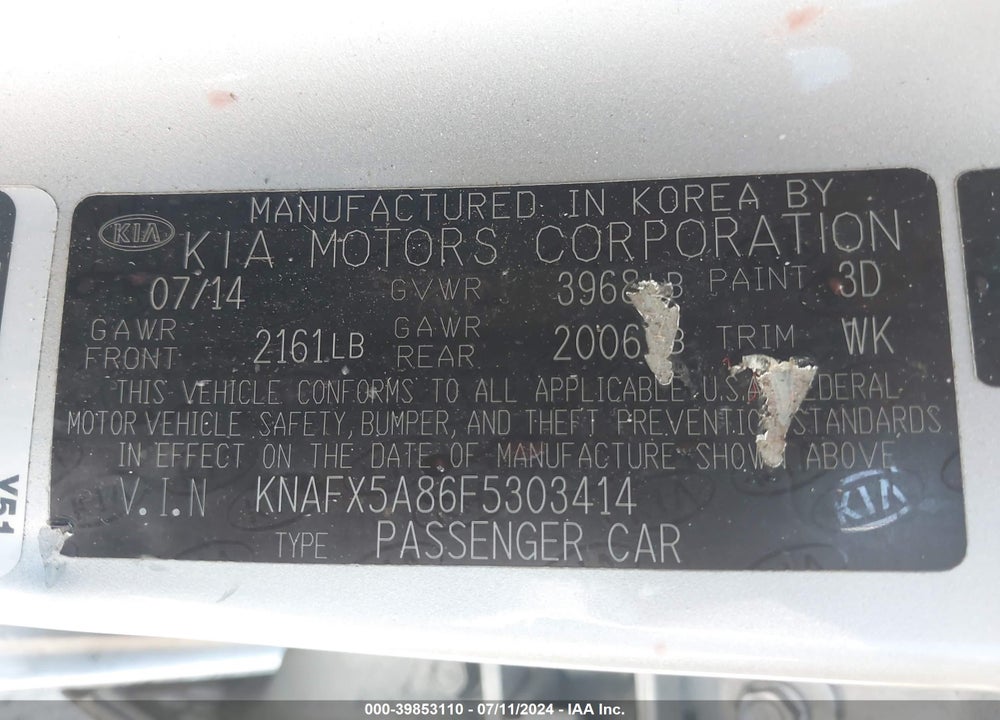2015 KIA FORTE EX VIN: KNAFX5A86F5303414