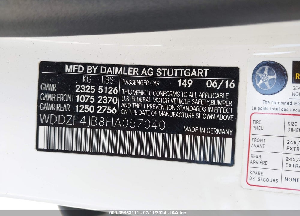 2017 MERCEDES-BENZ E 300 VIN: WDDZF4JB8HA057040