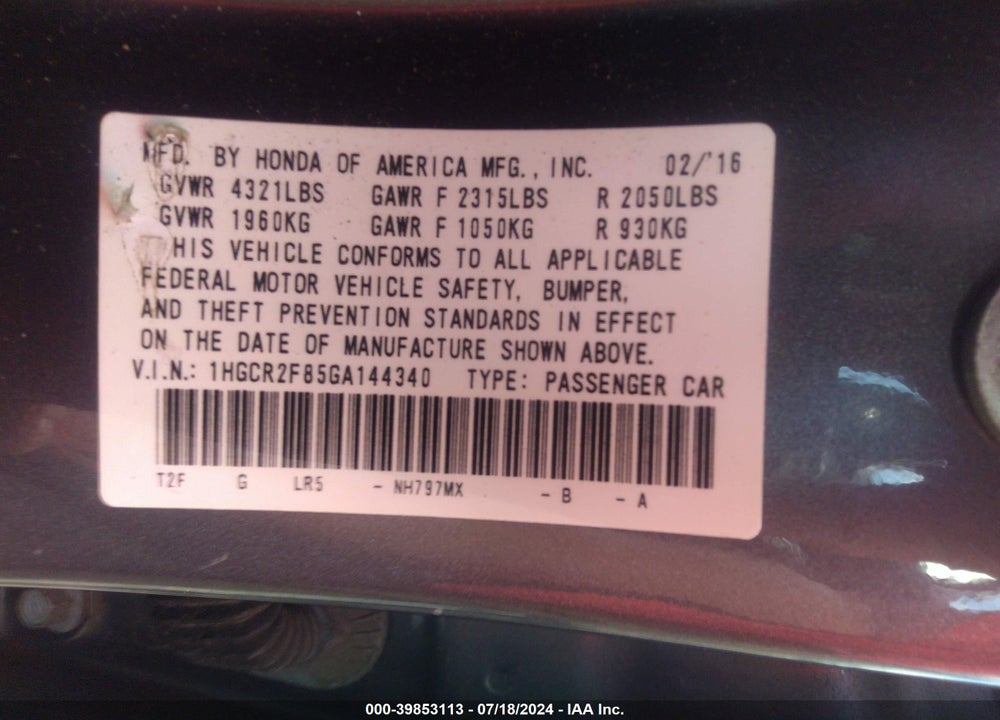 2016 HONDA ACCORD EX-L VIN: 1HGCR2F85GA144340