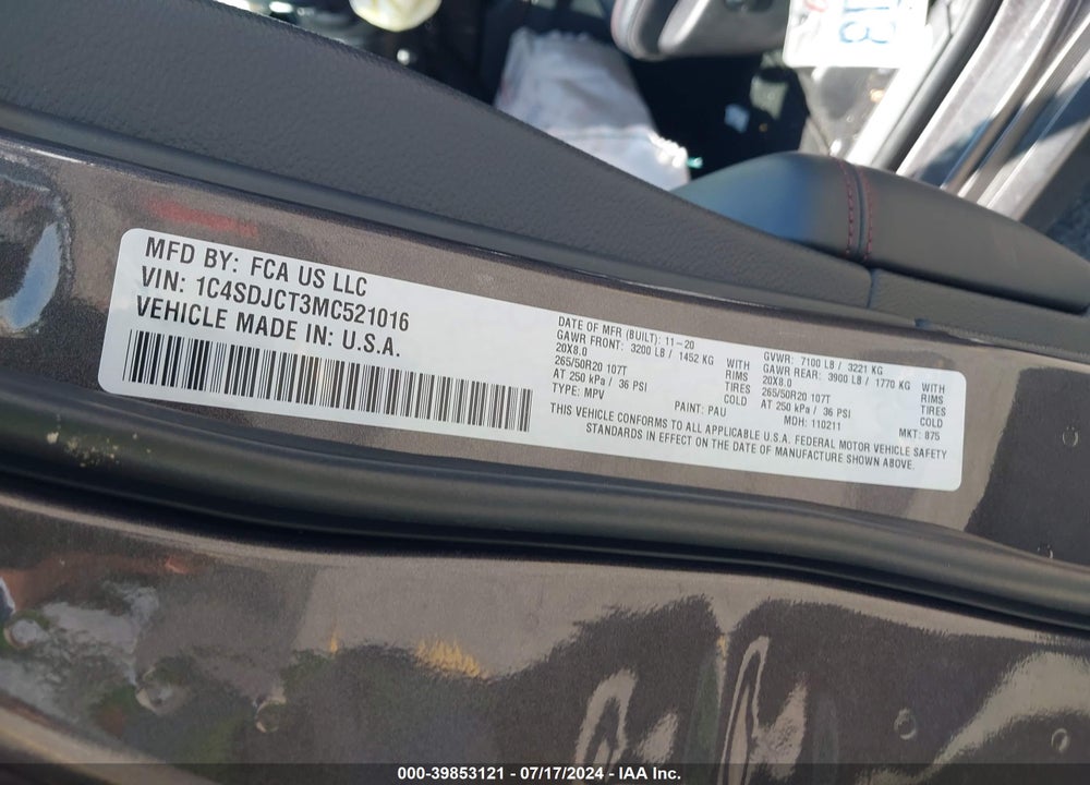 2021 DODGE DURANGO R/T AWD VIN: 1C4SDJCT3MC521016