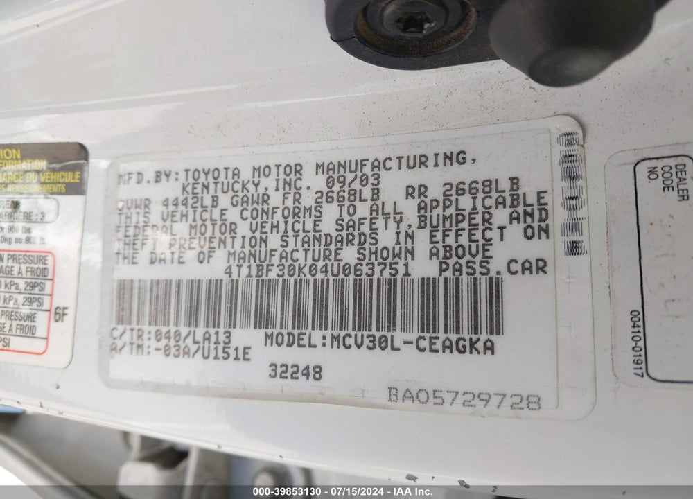 2004 TOYOTA CAMRY XLE V6 VIN: 4T1BF30K04U063751