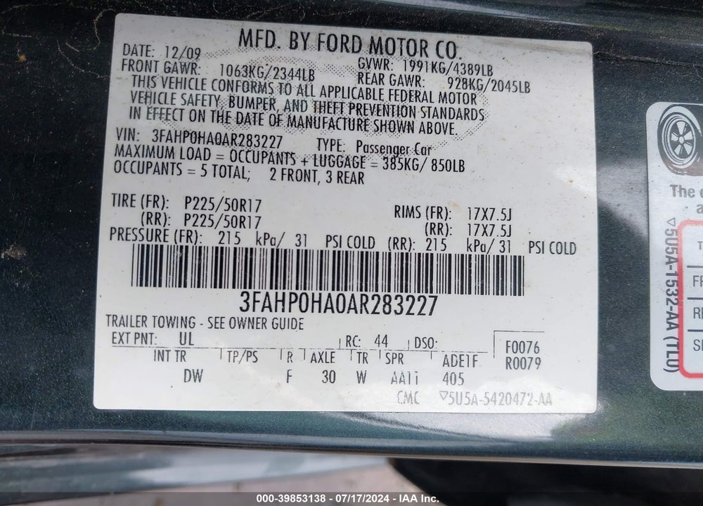 2010 FORD FUSION SE VIN: 3FAHP0HA0AR283227